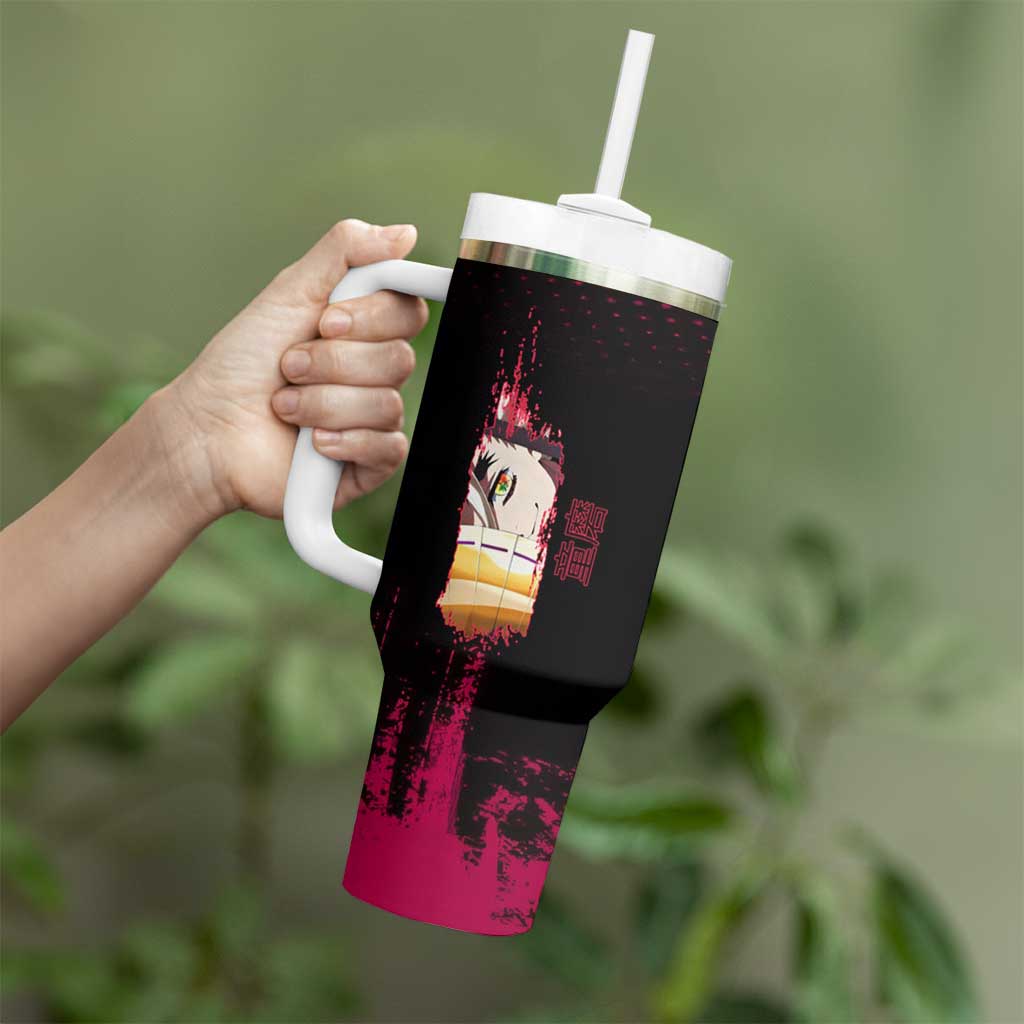 Douma Demon Slayer Red Grunge Design Tumbler With Handle with Fan Pose and Piercing Eyes Detail - The Mazicc
