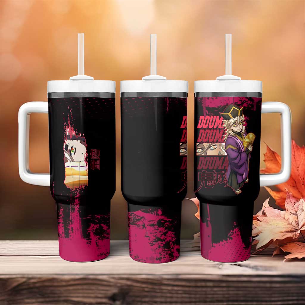 Douma Demon Slayer Red Grunge Design Tumbler With Handle with Fan Pose and Piercing Eyes Detail - The Mazicc