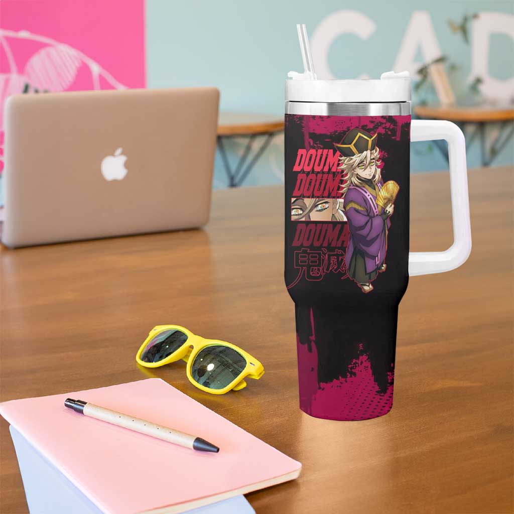 Douma Demon Slayer Red Grunge Design Tumbler With Handle with Fan Pose and Piercing Eyes Detail - The Mazicc