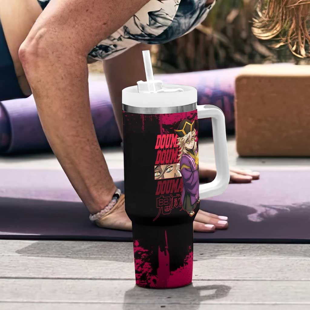 Douma Demon Slayer Red Grunge Design Tumbler With Handle with Fan Pose and Piercing Eyes Detail - The Mazicc