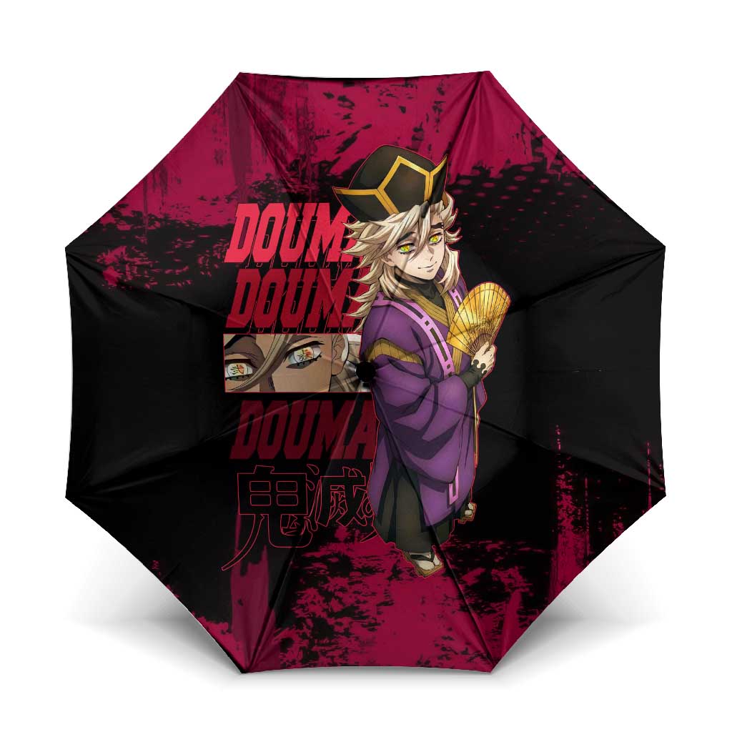 Douma Demon Slayer Red Grunge Design Umbrella with Fan Pose and Piercing Eyes Detail - The Mazicc