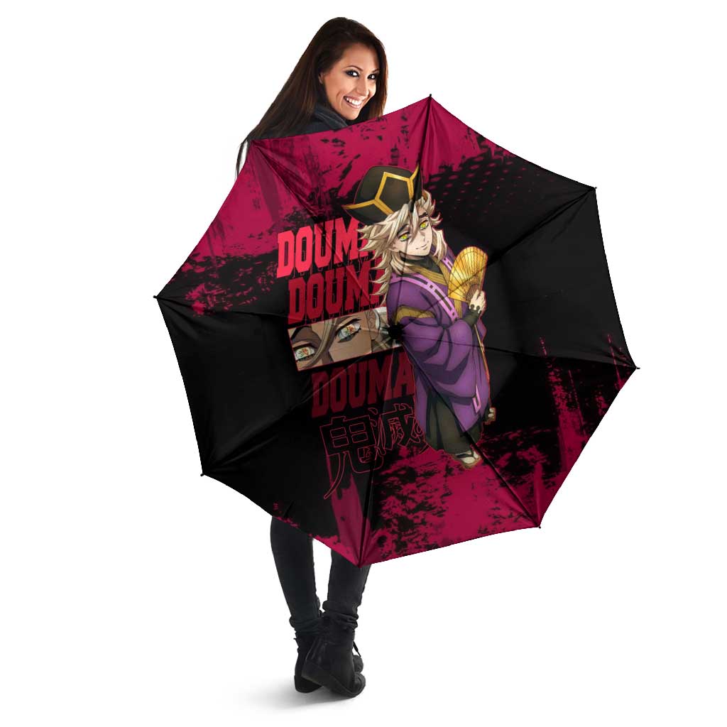 Douma Demon Slayer Red Grunge Design Umbrella with Fan Pose and Piercing Eyes Detail - The Mazicc