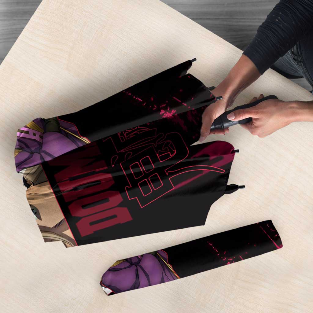 Douma Demon Slayer Red Grunge Design Umbrella with Fan Pose and Piercing Eyes Detail - The Mazicc