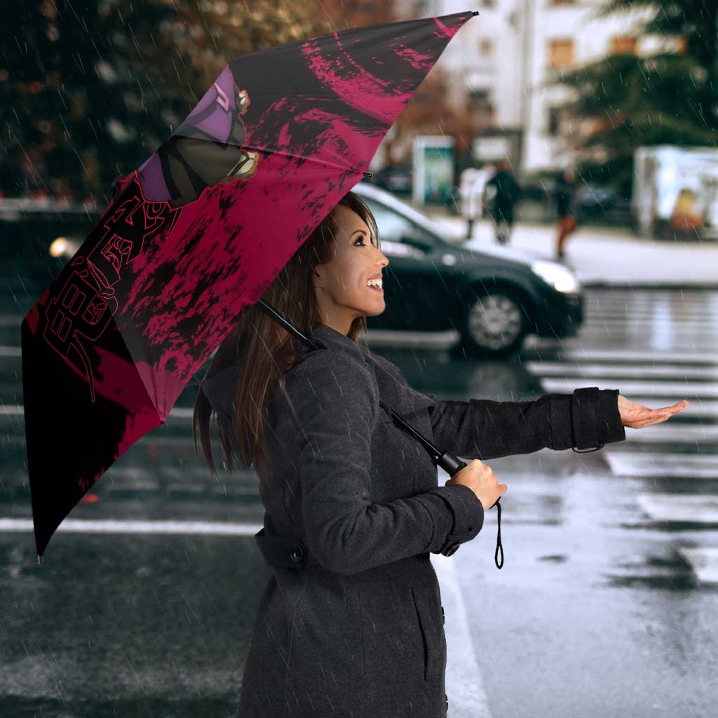 Douma Demon Slayer Red Grunge Design Umbrella with Fan Pose and Piercing Eyes Detail - The Mazicc