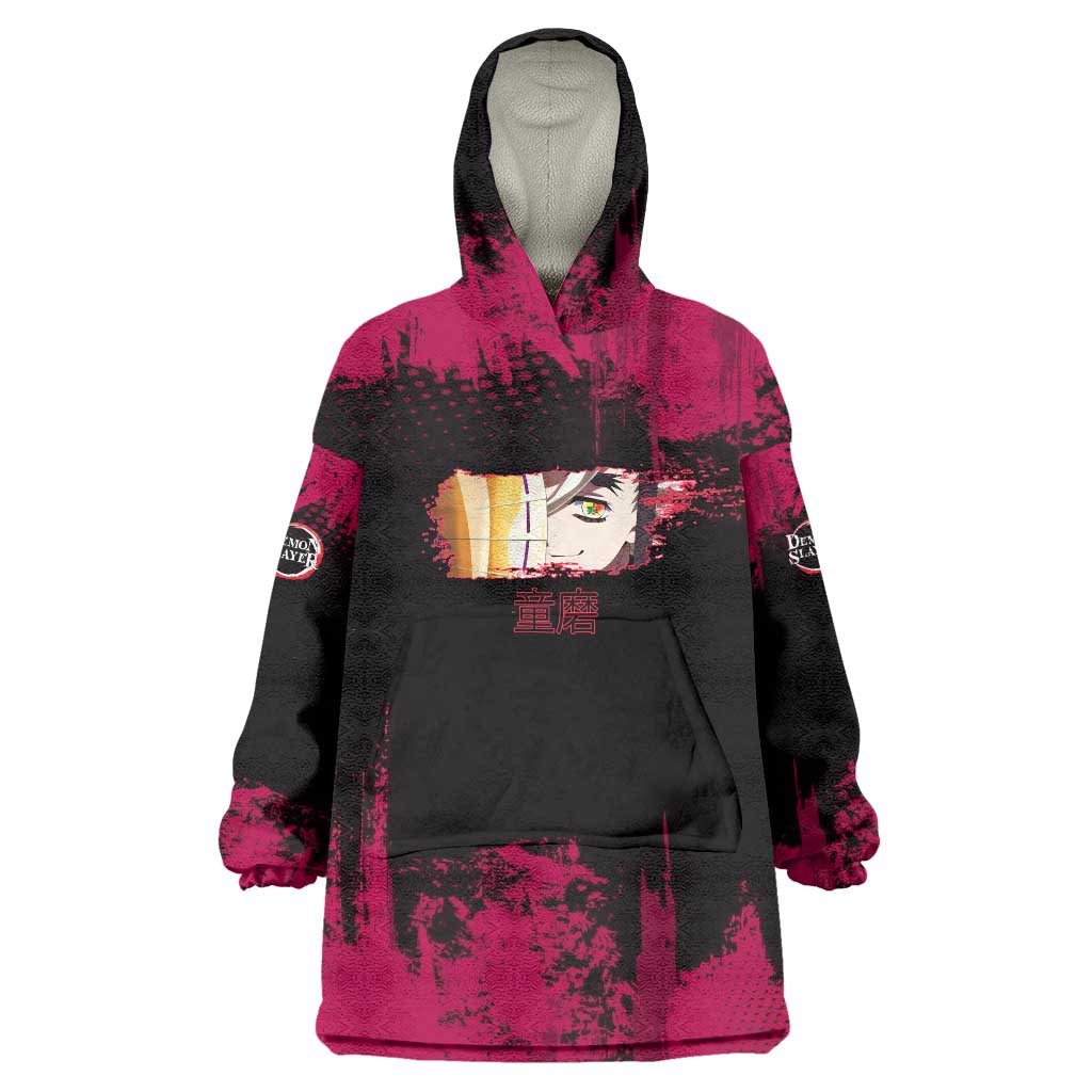 Douma Demon Slayer Red Grunge Design Wearable Blanket Hoodie with Fan Pose and Piercing Eyes Detail - The Mazicc