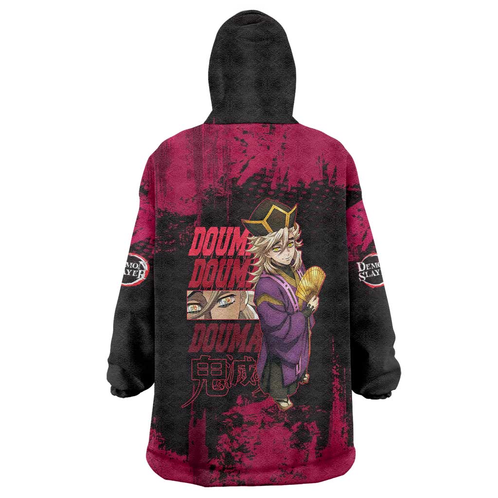 Douma Demon Slayer Red Grunge Design Wearable Blanket Hoodie with Fan Pose and Piercing Eyes Detail - The Mazicc