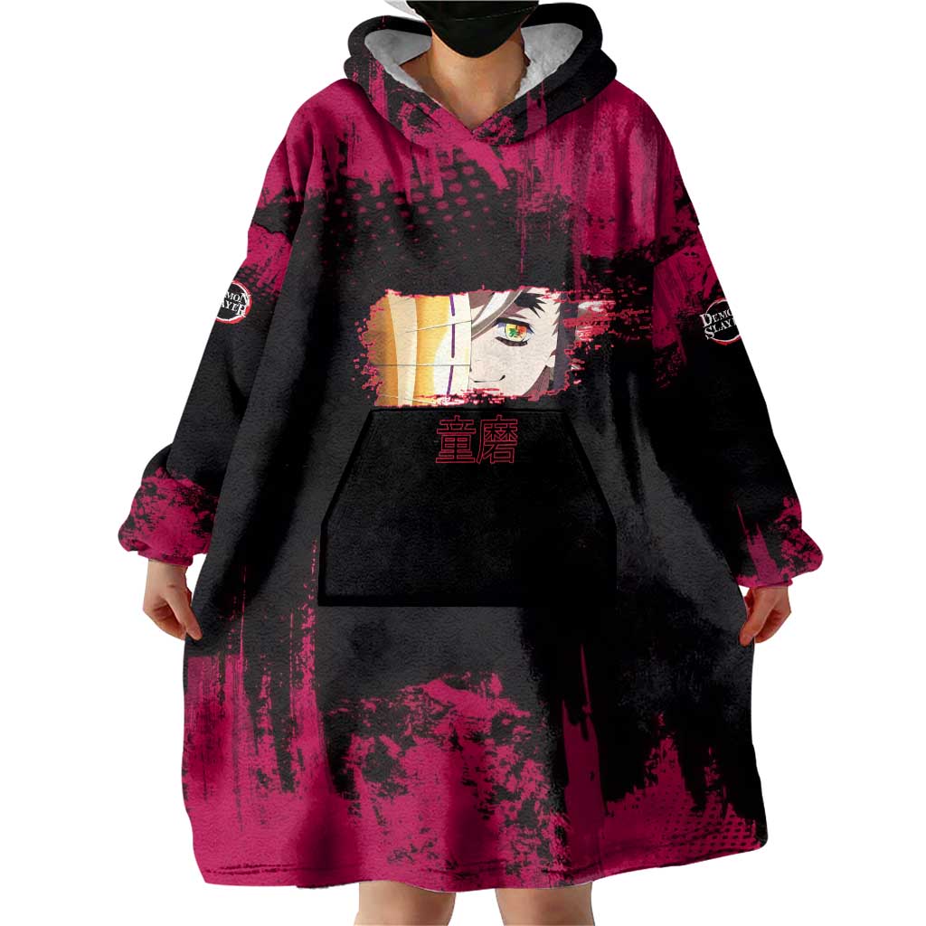 Douma Demon Slayer Red Grunge Design Wearable Blanket Hoodie with Fan Pose and Piercing Eyes Detail - The Mazicc