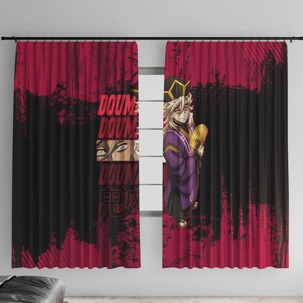 Douma Demon Slayer Red Grunge Design Window Curtain with Fan Pose and Piercing Eyes Detail - The Mazicc