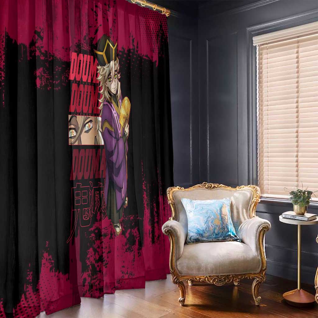 Douma Demon Slayer Red Grunge Design Window Curtain with Fan Pose and Piercing Eyes Detail - The Mazicc