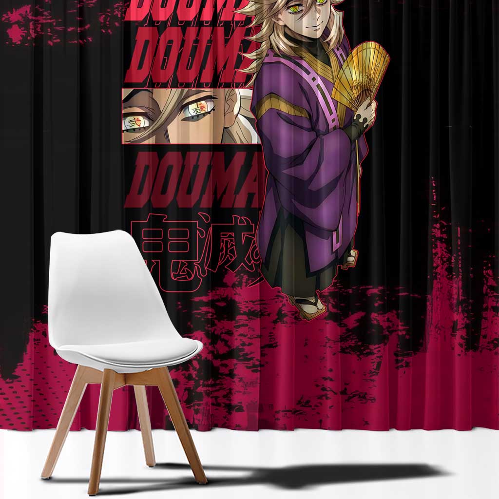 Douma Demon Slayer Red Grunge Design Window Curtain with Fan Pose and Piercing Eyes Detail - The Mazicc