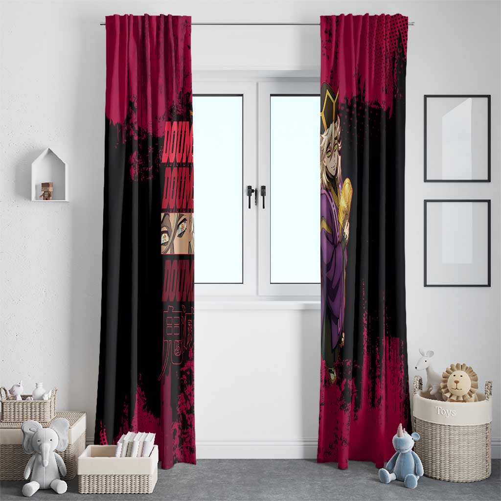 Douma Demon Slayer Red Grunge Design Window Curtain with Fan Pose and Piercing Eyes Detail - The Mazicc