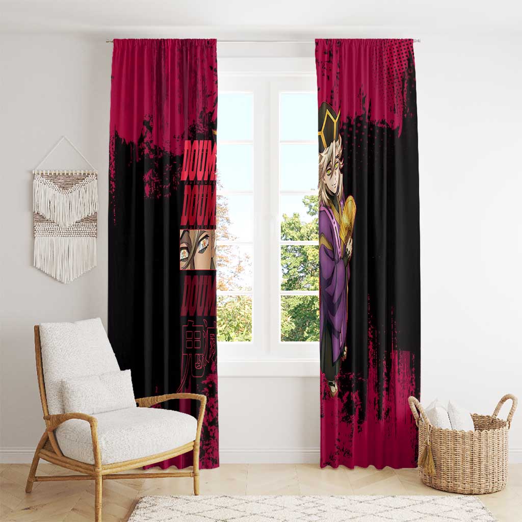 Douma Demon Slayer Red Grunge Design Window Curtain with Fan Pose and Piercing Eyes Detail - The Mazicc