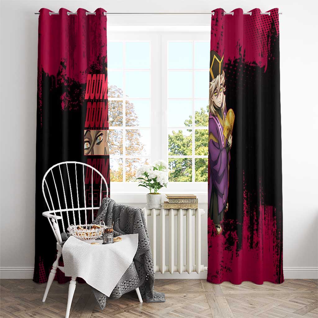 Douma Demon Slayer Red Grunge Design Window Curtain with Fan Pose and Piercing Eyes Detail - The Mazicc