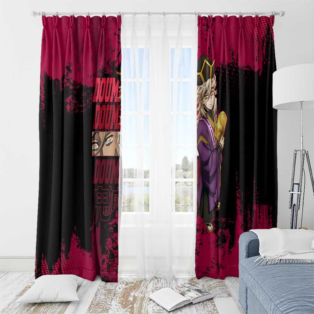 Douma Demon Slayer Red Grunge Design Window Curtain with Fan Pose and Piercing Eyes Detail - The Mazicc