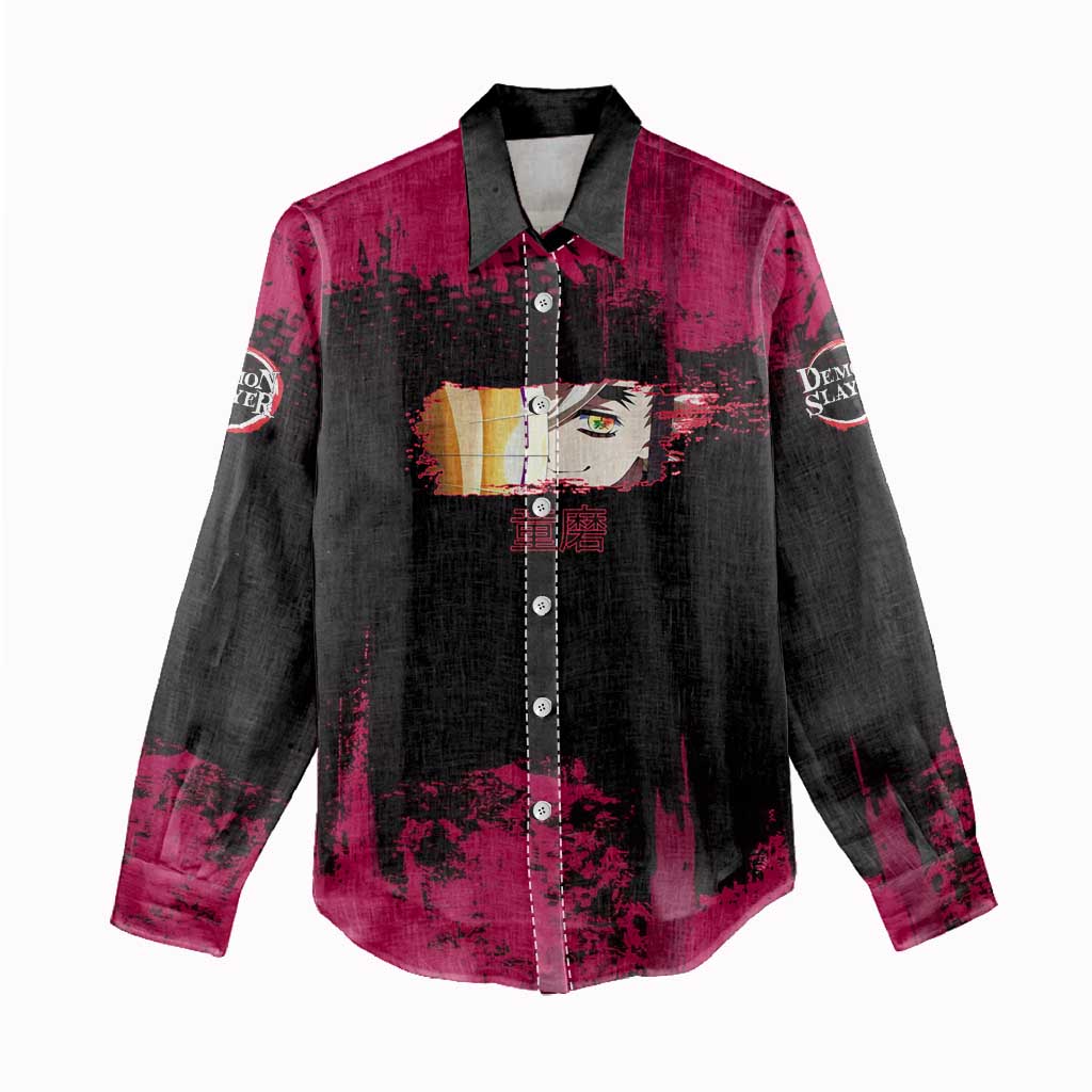 Douma Demon Slayer Red Grunge Design Women Casual Shirt with Fan Pose and Piercing Eyes Detail - The Mazicc