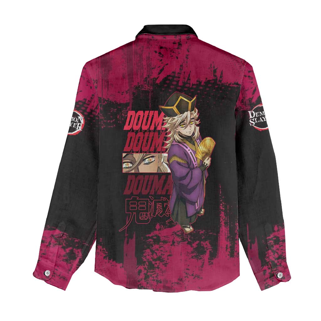 Douma Demon Slayer Red Grunge Design Women Casual Shirt with Fan Pose and Piercing Eyes Detail - The Mazicc