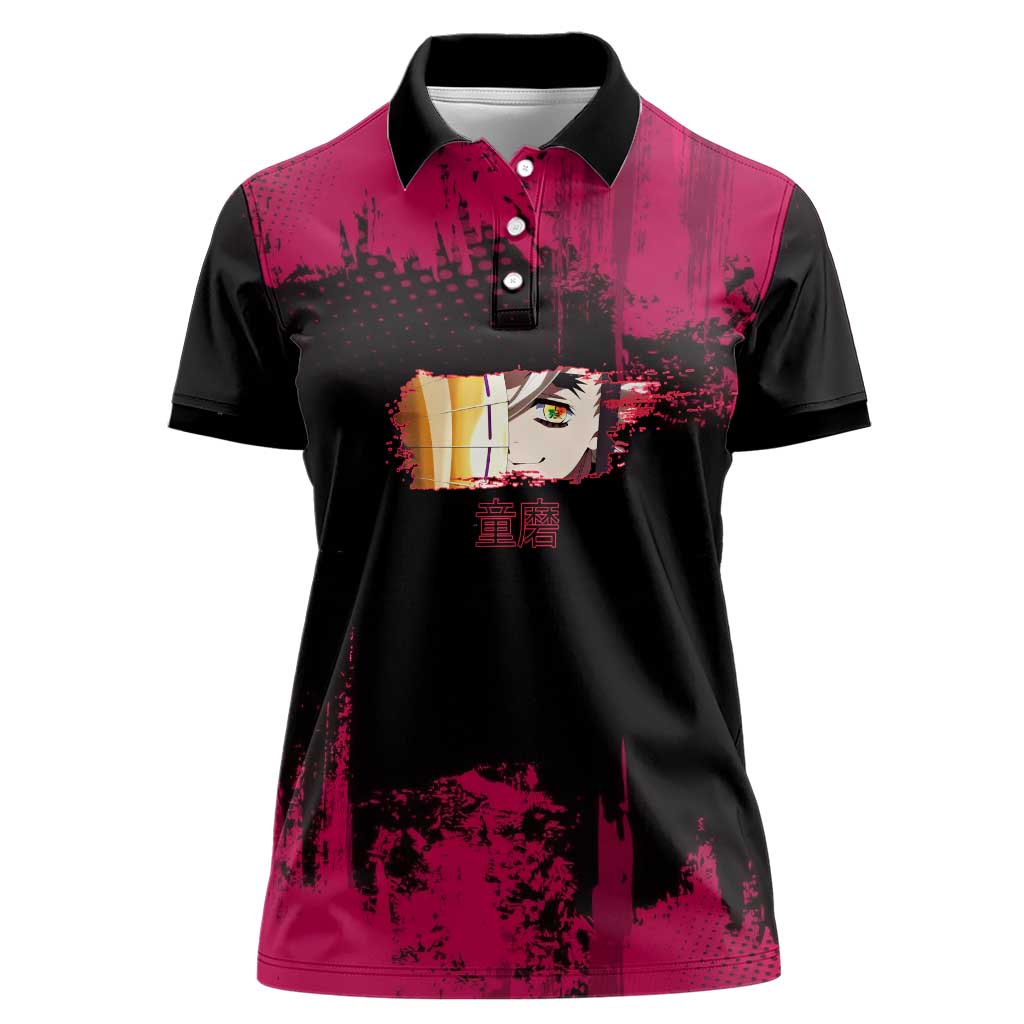Douma Demon Slayer Red Grunge Design Women Polo Shirt with Fan Pose and Piercing Eyes Detail - The Mazicc