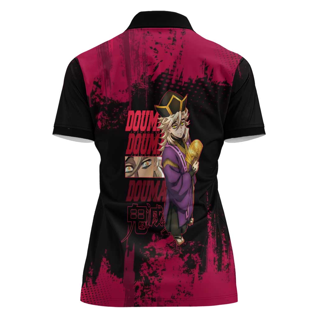 Douma Demon Slayer Red Grunge Design Women Polo Shirt with Fan Pose and Piercing Eyes Detail - The Mazicc