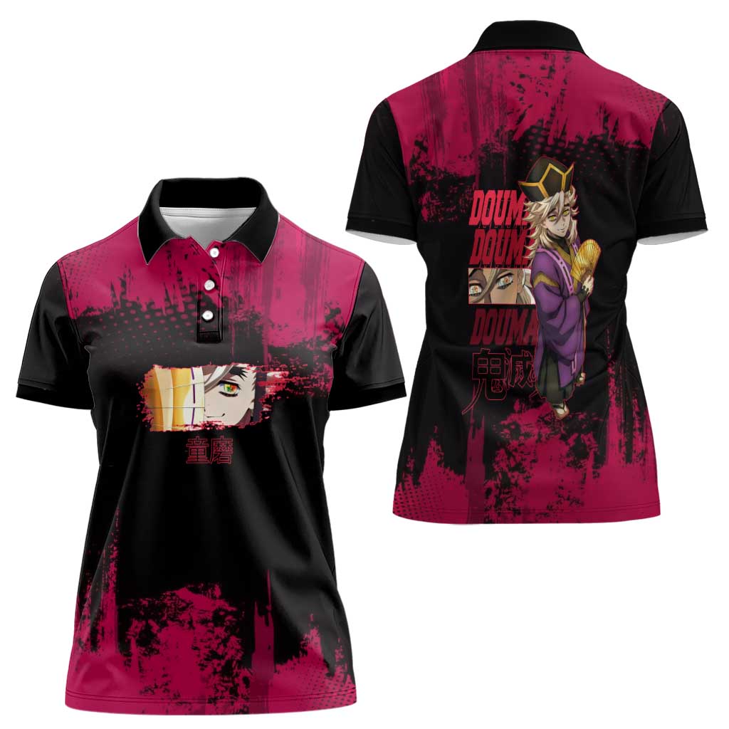 Douma Demon Slayer Red Grunge Design Women Polo Shirt with Fan Pose and Piercing Eyes Detail - The Mazicc