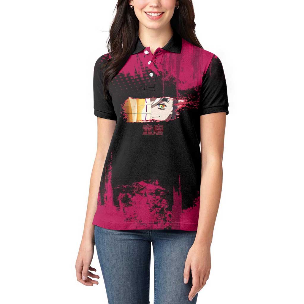 Douma Demon Slayer Red Grunge Design Women Polo Shirt with Fan Pose and Piercing Eyes Detail - The Mazicc