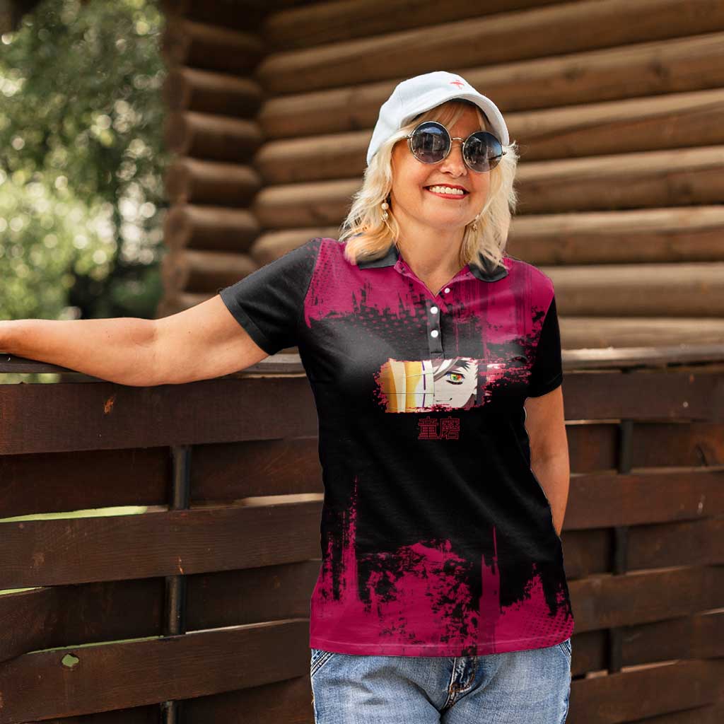 Douma Demon Slayer Red Grunge Design Women Polo Shirt with Fan Pose and Piercing Eyes Detail - The Mazicc