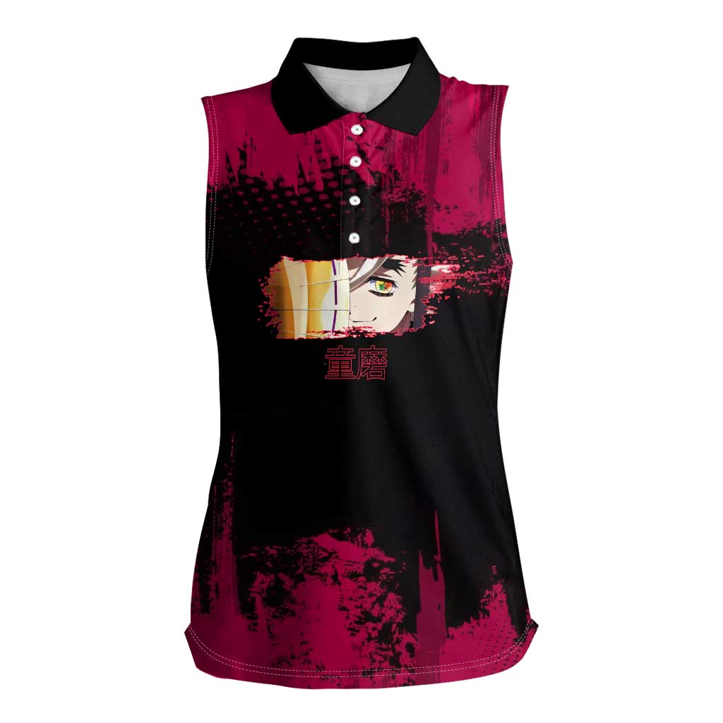 Douma Demon Slayer Red Grunge Design Women Sleeveless Polo Shirt with Fan Pose and Piercing Eyes Detail - The Mazicc