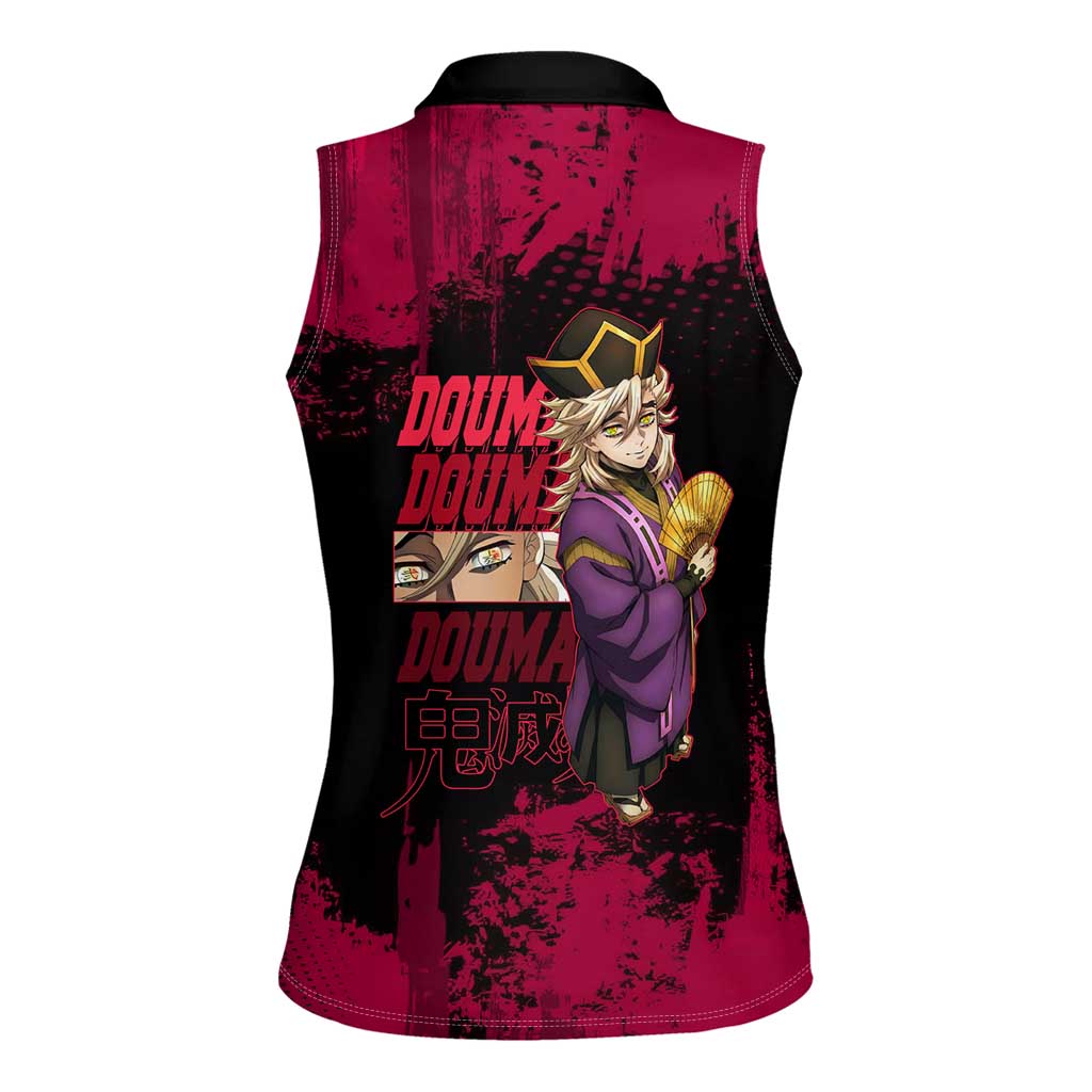 Douma Demon Slayer Red Grunge Design Women Sleeveless Polo Shirt with Fan Pose and Piercing Eyes Detail - The Mazicc