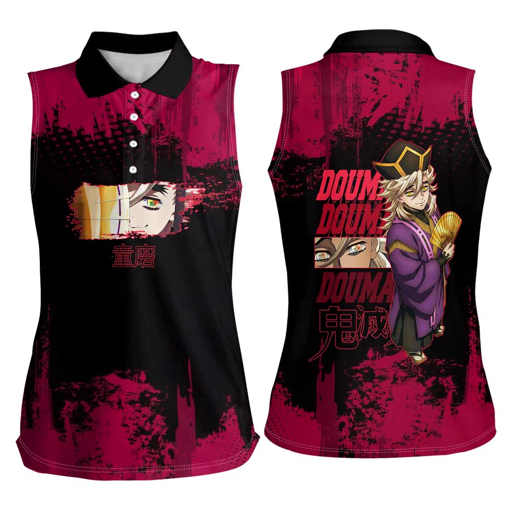Douma Demon Slayer Red Grunge Design Women Sleeveless Polo Shirt with Fan Pose and Piercing Eyes Detail - The Mazicc