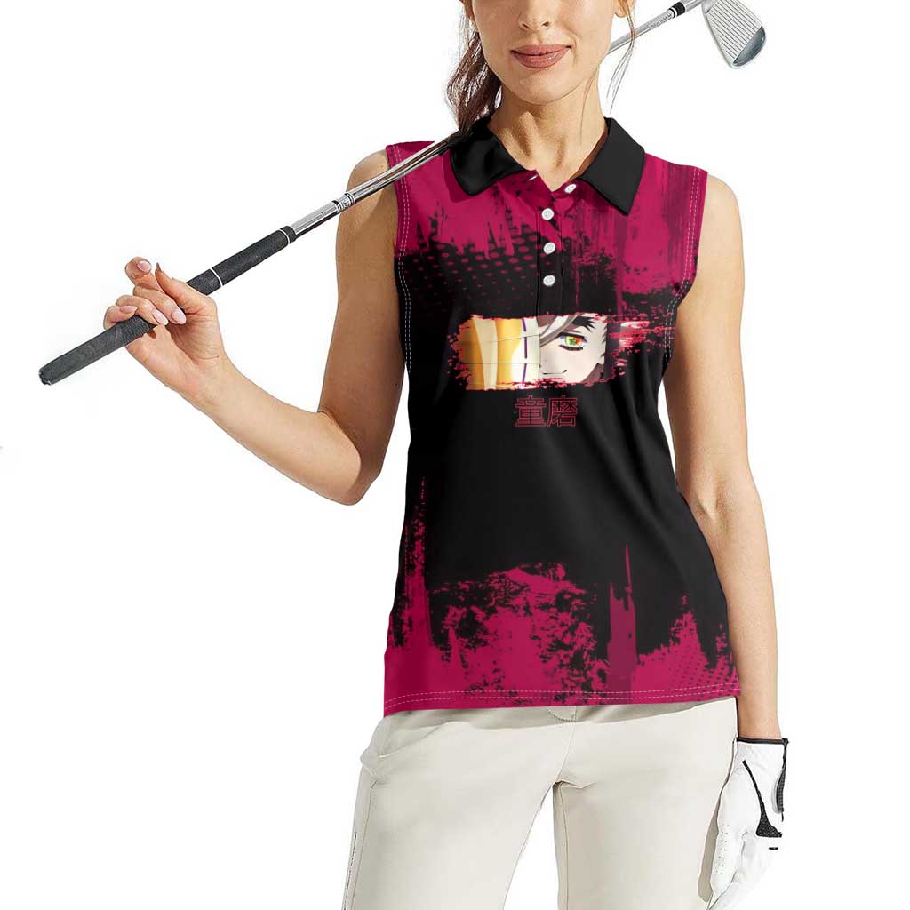 Douma Demon Slayer Red Grunge Design Women Sleeveless Polo Shirt with Fan Pose and Piercing Eyes Detail - The Mazicc