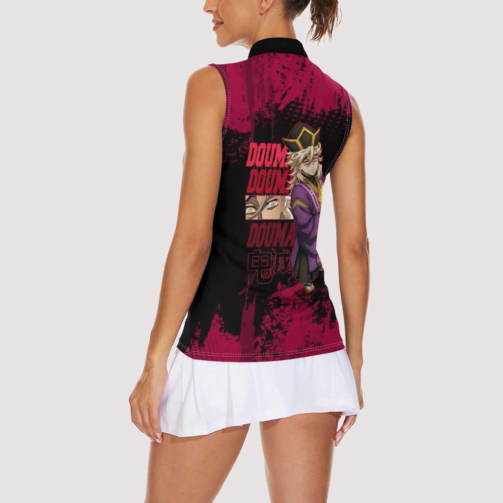 Douma Demon Slayer Red Grunge Design Women Sleeveless Polo Shirt with Fan Pose and Piercing Eyes Detail - The Mazicc