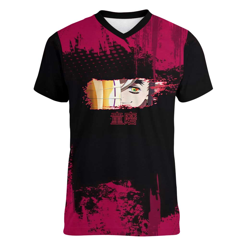 Douma Demon Slayer Red Grunge Design Women V-Neck T-Shirt with Fan Pose and Piercing Eyes Detail - The Mazicc