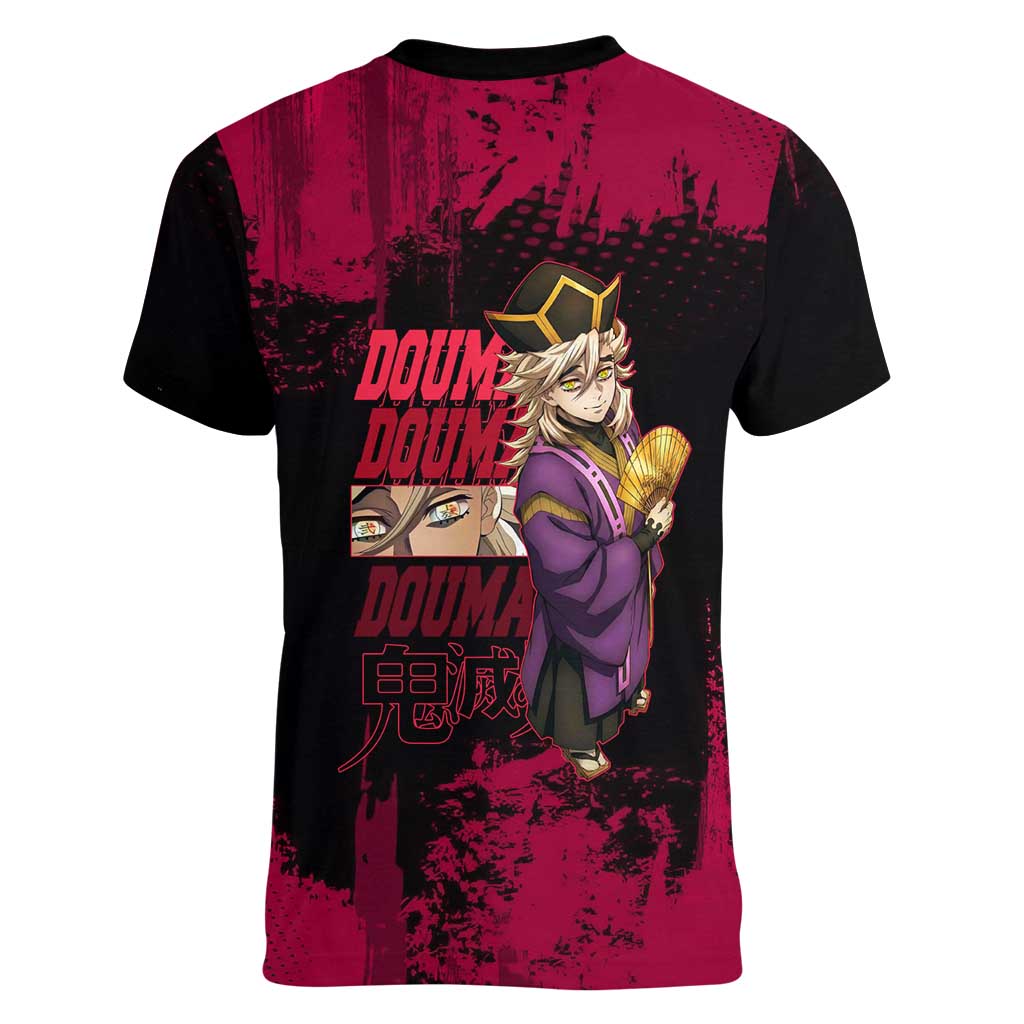Douma Demon Slayer Red Grunge Design Women V-Neck T-Shirt with Fan Pose and Piercing Eyes Detail - The Mazicc