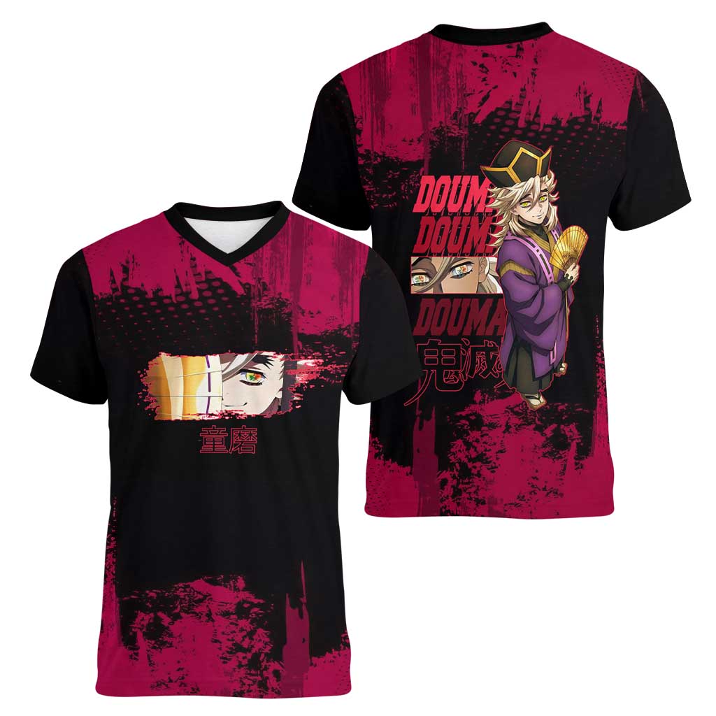 Douma Demon Slayer Red Grunge Design Women V-Neck T-Shirt with Fan Pose and Piercing Eyes Detail - The Mazicc