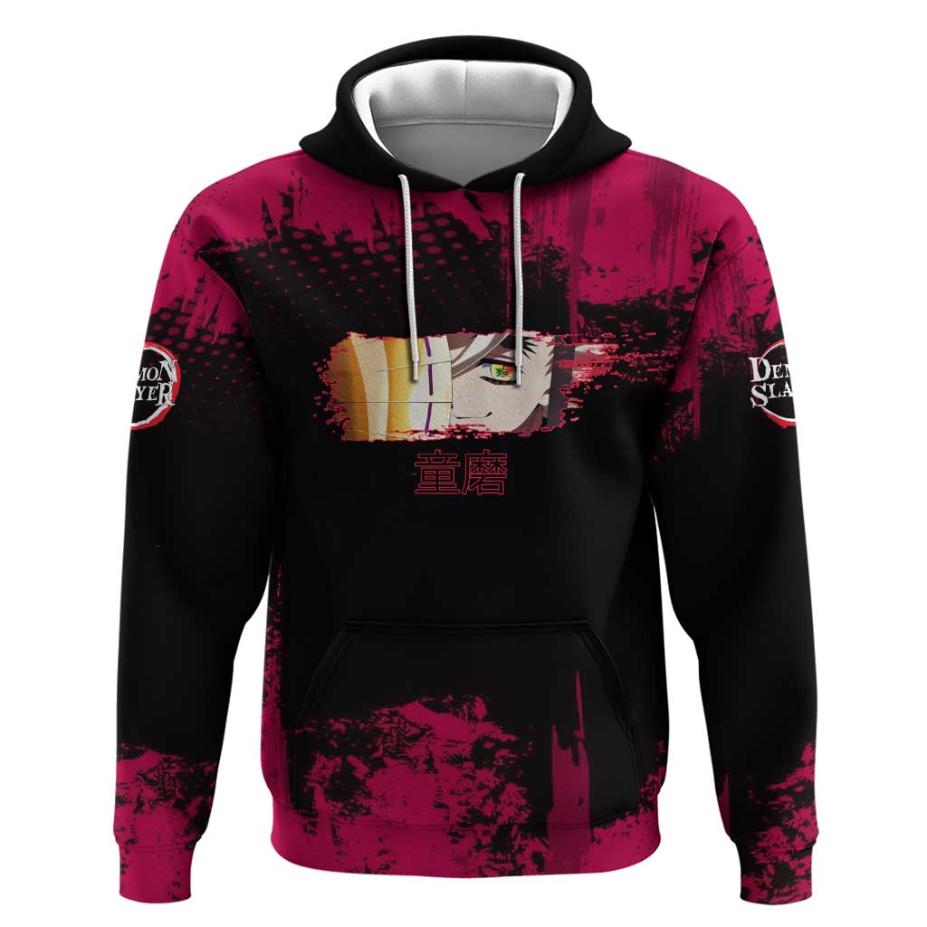 Douma Demon Slayer Red Grunge Design Zip Hoodie with Fan Pose and Piercing Eyes Detail - The Mazicc