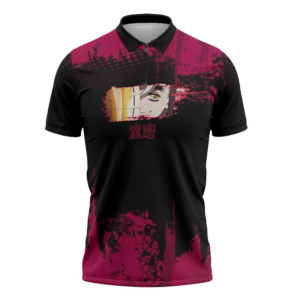 Douma Demon Slayer Red Grunge Design Zipper Polo Shirt with Fan Pose and Piercing Eyes Detail - The Mazicc