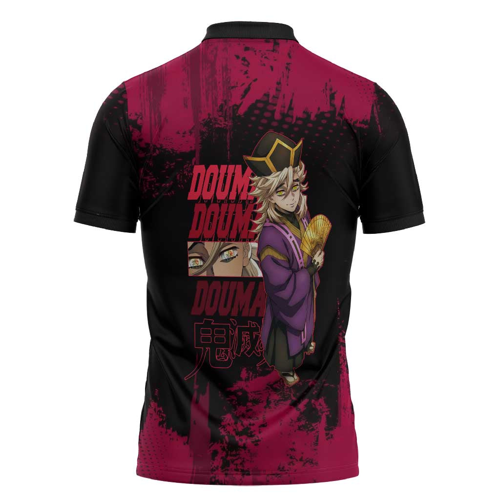 Douma Demon Slayer Red Grunge Design Zipper Polo Shirt with Fan Pose and Piercing Eyes Detail - The Mazicc