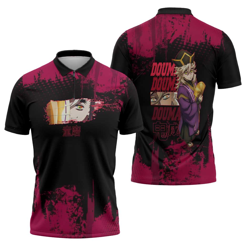 Douma Demon Slayer Red Grunge Design Zipper Polo Shirt with Fan Pose and Piercing Eyes Detail - The Mazicc