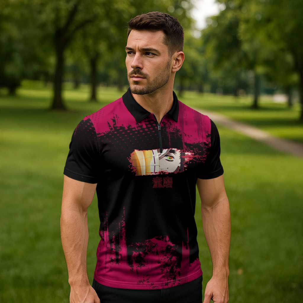 Douma Demon Slayer Red Grunge Design Zipper Polo Shirt with Fan Pose and Piercing Eyes Detail - The Mazicc