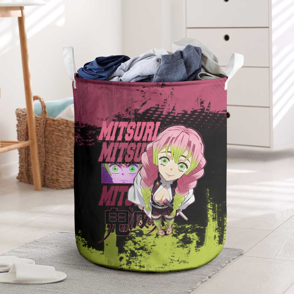 Mitsuri Kanroji Demon Slayer Pink and Green Grunge Design Laundry Basket with Heart Eyes and Playful Pose - The Mazicc
