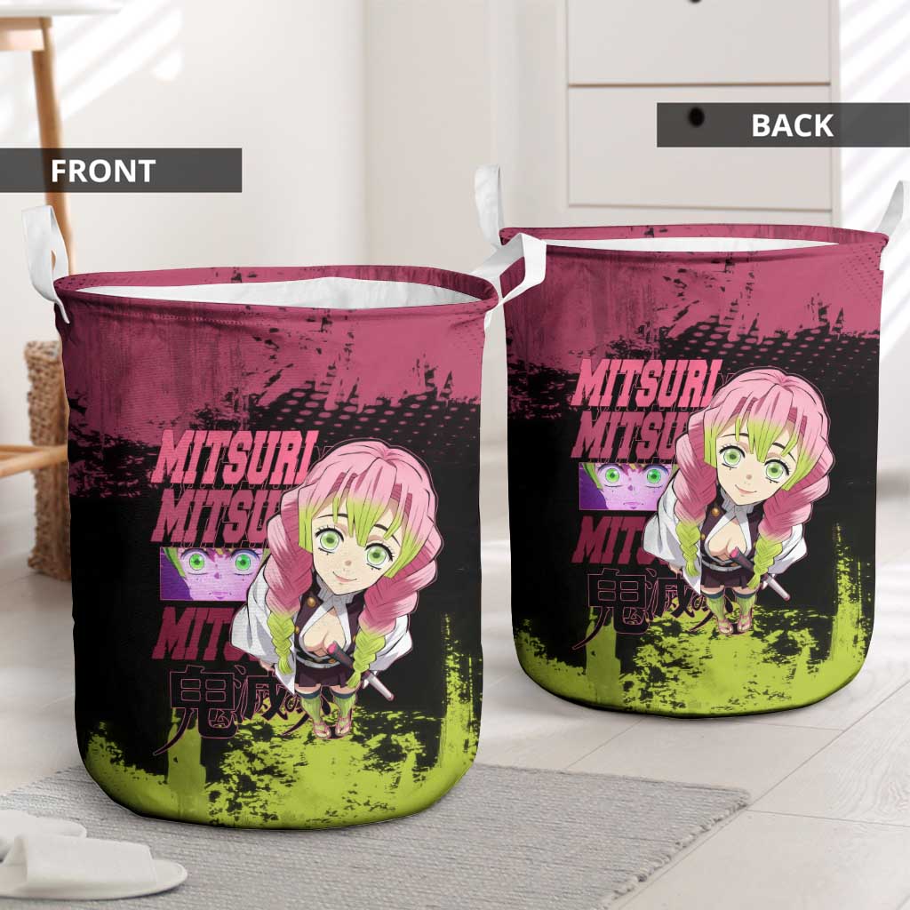 Mitsuri Kanroji Demon Slayer Pink and Green Grunge Design Laundry Basket with Heart Eyes and Playful Pose - The Mazicc