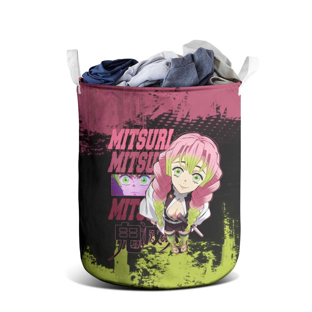 Mitsuri Kanroji Demon Slayer Pink and Green Grunge Design Laundry Basket with Heart Eyes and Playful Pose - The Mazicc
