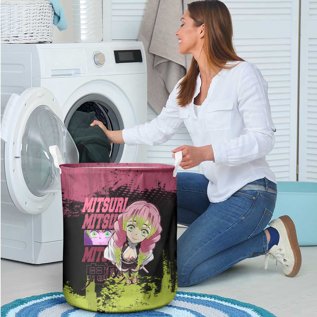 Mitsuri Kanroji Demon Slayer Pink and Green Grunge Design Laundry Basket with Heart Eyes and Playful Pose - The Mazicc