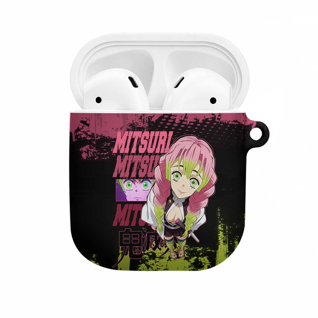Mitsuri Kanroji Demon Slayer Pink and Green Grunge Design AirPods Case with Heart Eyes and Playful Pose - The Mazicc
