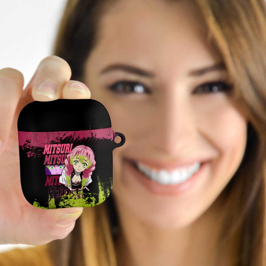 Mitsuri Kanroji Demon Slayer Pink and Green Grunge Design AirPods Case with Heart Eyes and Playful Pose - The Mazicc