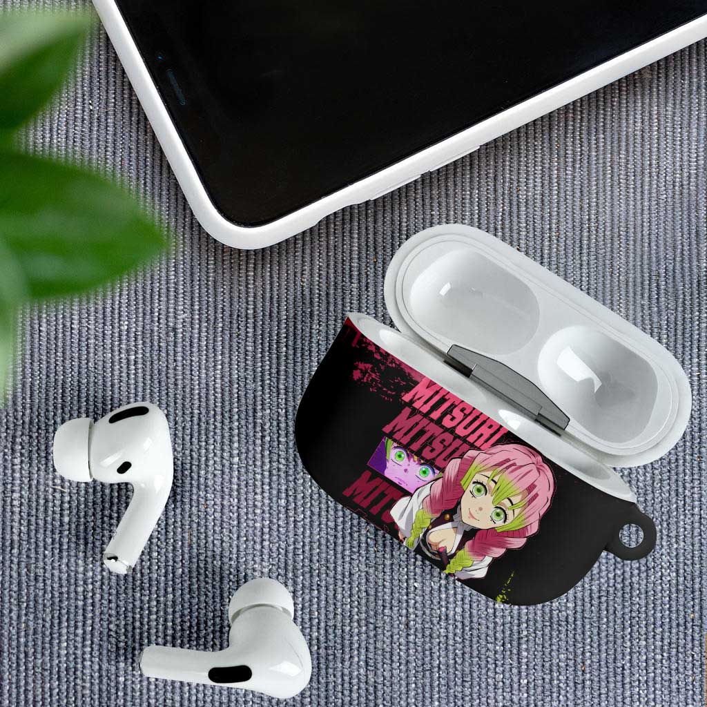 Mitsuri Kanroji Demon Slayer Pink and Green Grunge Design AirPods Case with Heart Eyes and Playful Pose - The Mazicc