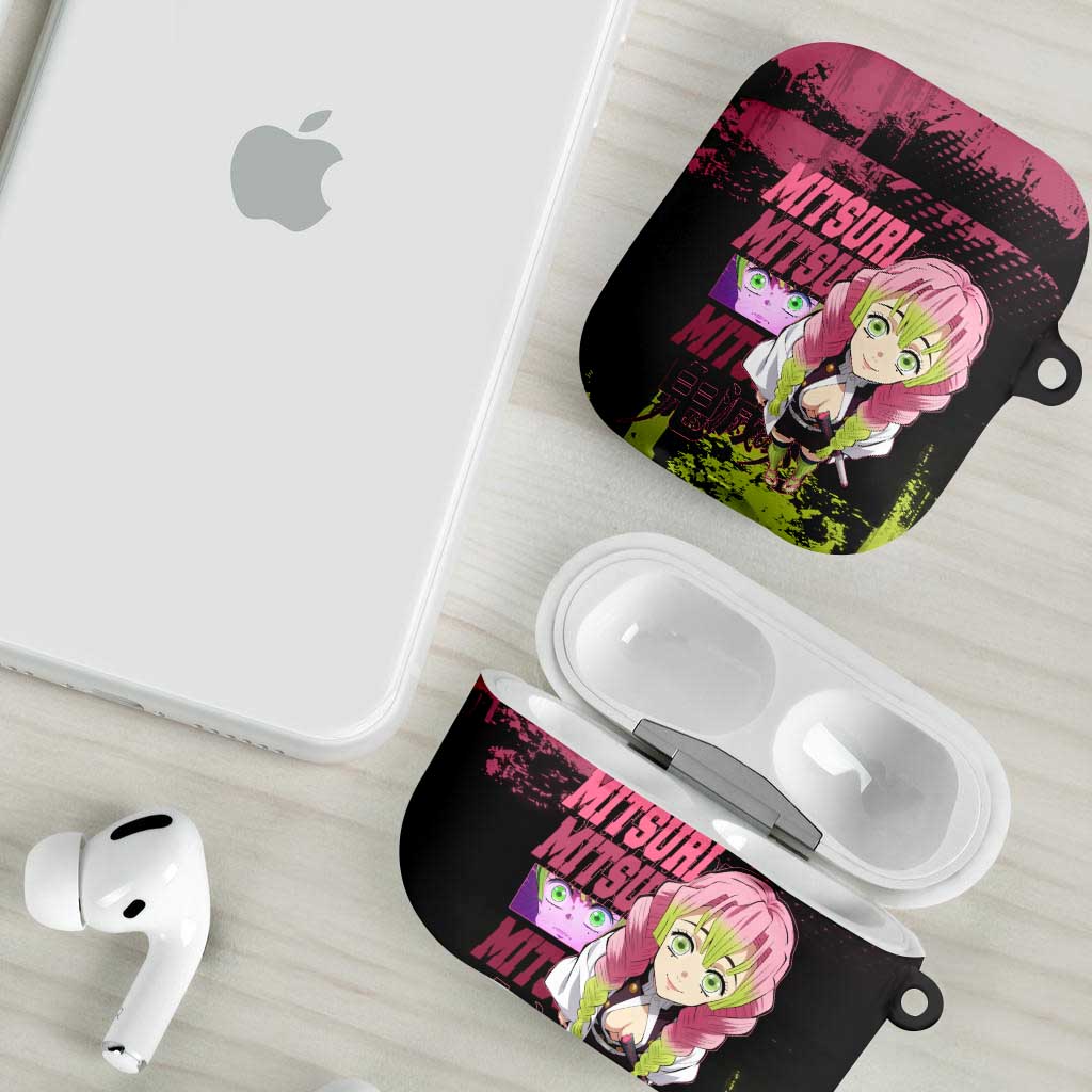 Mitsuri Kanroji Demon Slayer Pink and Green Grunge Design AirPods Case with Heart Eyes and Playful Pose - The Mazicc