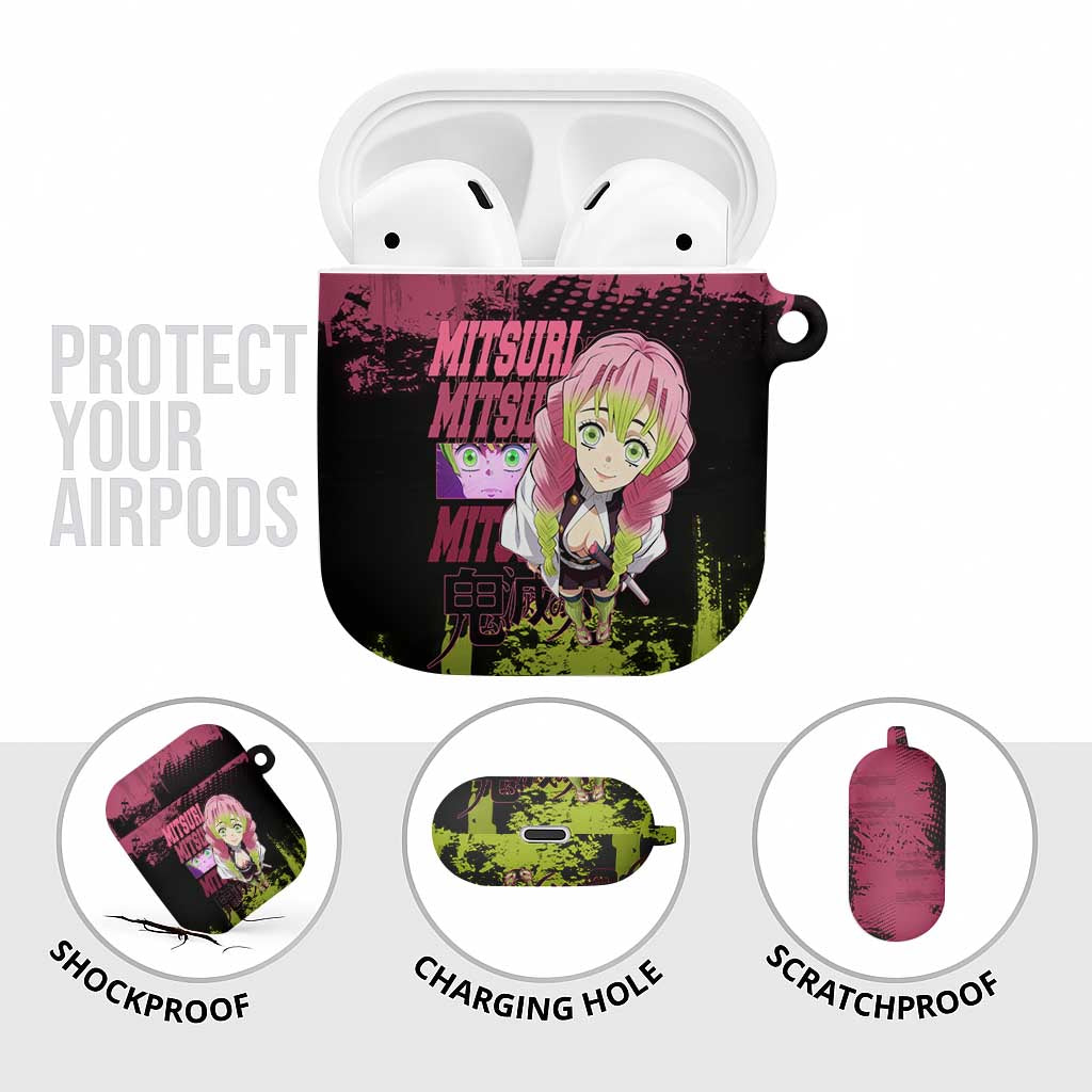 Mitsuri Kanroji Demon Slayer Pink and Green Grunge Design AirPods Case with Heart Eyes and Playful Pose - The Mazicc