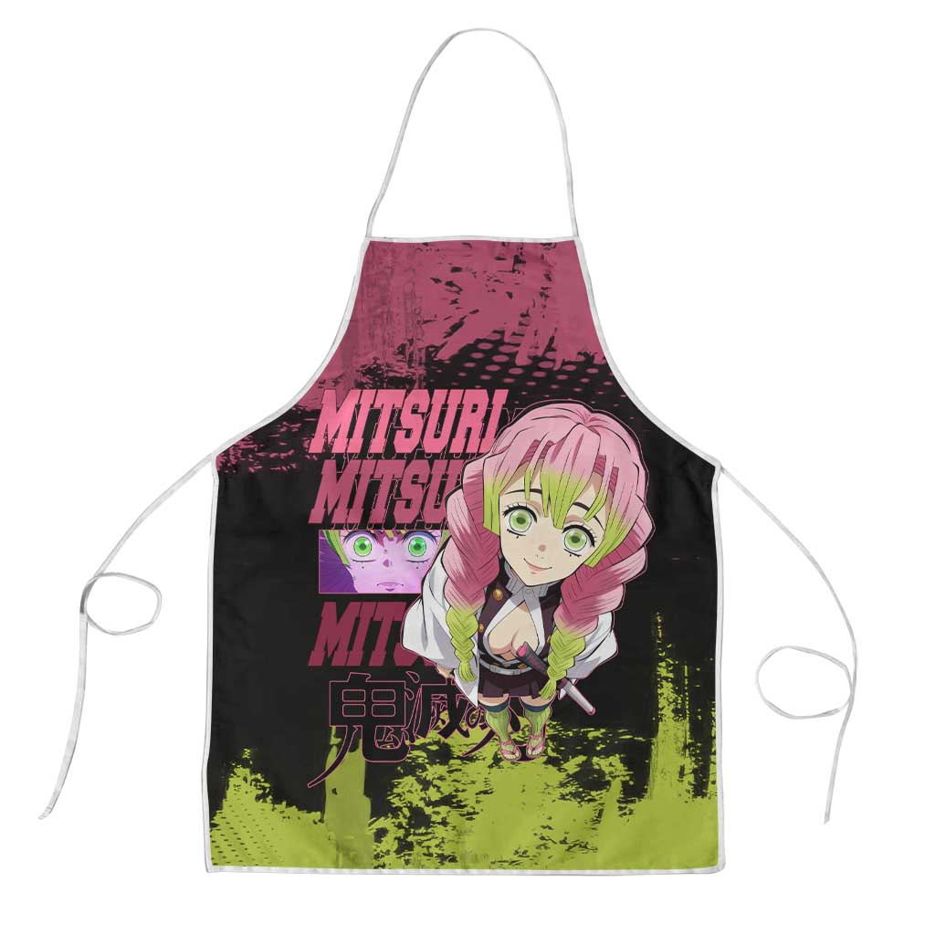 Mitsuri Kanroji Demon Slayer Pink and Green Grunge Design Apron with Heart Eyes and Playful Pose - The Mazicc