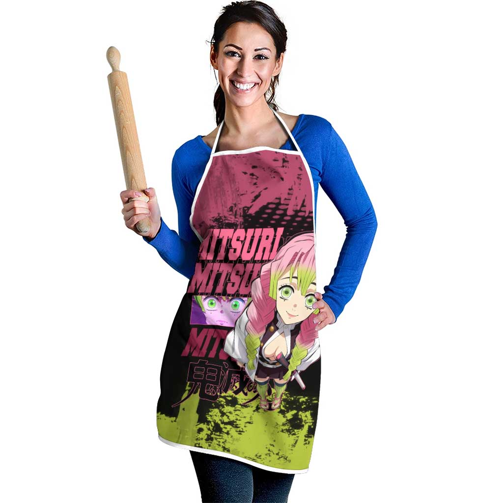 Mitsuri Kanroji Demon Slayer Pink and Green Grunge Design Apron with Heart Eyes and Playful Pose - The Mazicc