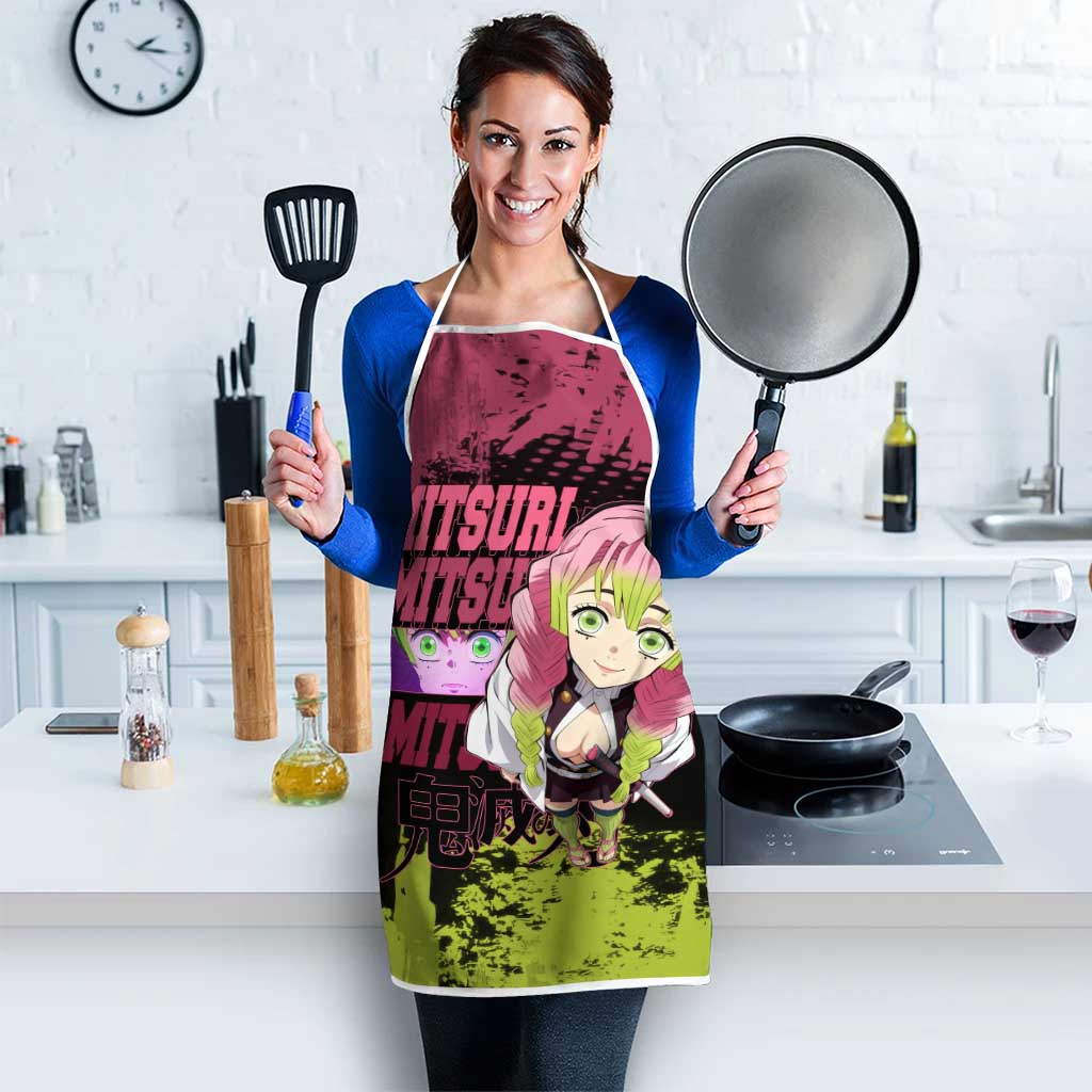 Mitsuri Kanroji Demon Slayer Pink and Green Grunge Design Apron with Heart Eyes and Playful Pose - The Mazicc